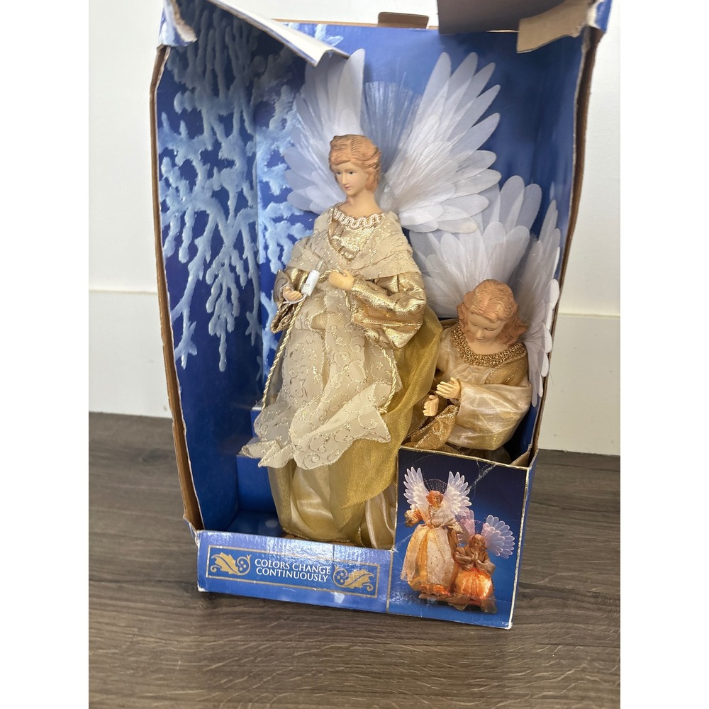 Vintage 18" Fiber Optic Angel Tabletop Display Gold Gown Porcelain Head